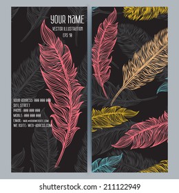 Vintage Feather design background. Hand drawn retro background.  Ornate vector border and place for your text. Suitable for various designs, invitation, thank you card, save the date cards and ets