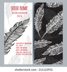 Vintage Feather design background. Hand drawn retro background.  Ornate vector border and place for your text. Suitable for various designs, invitation, thank you card, save the date cards and ets