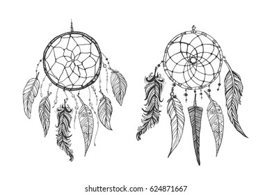 Vintage feather dream catchers ink vector set. Hand-drawn doodle line illustration.