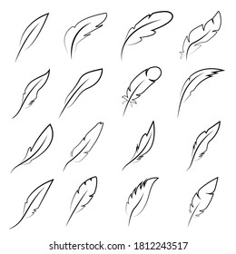 Vintage feather icon vector set. Pen illustration sign collection. History symbol.