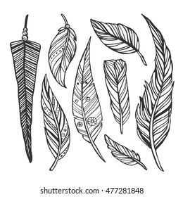 Vintage feather ink vector set. Hand-drawn doodle line illustration.