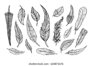 Vintage feather ink vector set. Hand-drawn doodle line illustration.