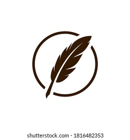 vintage Feather quill pen logo with circle frame black ink icon, classic stationery illustration isolated on white background