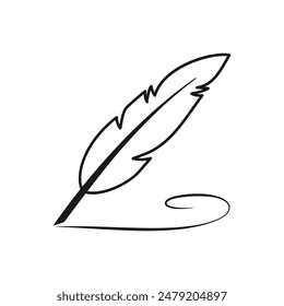 vintage Feather quill pen logo with black ink stroke, scratch icon, classic stationery illustration isolated on blank background