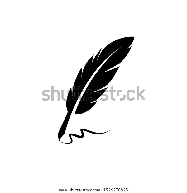 vintage Feather quill pen logo with black ink\
stroke, scratch icon, classic stationery illustration isolated on\
white background