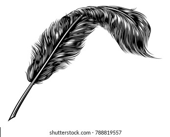 A vintage feather quill pen in retro woodcut line art style