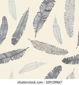 Vintage Feather seamless background. Hand drawn illustration vintage pattern