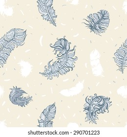 Vintage Feather seamless background. Hand drawn illustration vintage pattern