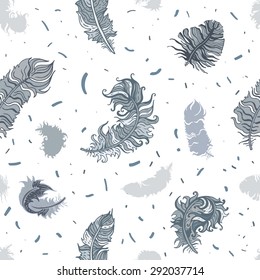 Vintage Feather seamless background. Hand drawn illustration vintage pattern