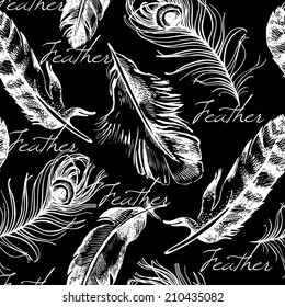 Vintage feather seamless pattern. Hand drawn sketch vector illustration