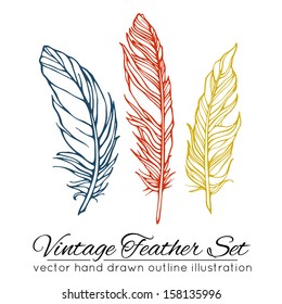 Vintage feather set isolated on white background. Hand drawn vector illustration