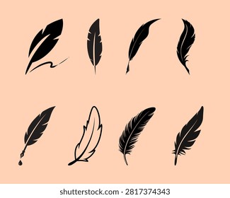 Vintage Feather Silhouette Vector Set, Quill Pen Icons, Bird Feathers Collection, Writing Instrument, Retro Literature, Calligraphy, Poetry, Ink Pen Design Elements for Writer Logo