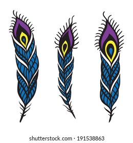 Vintage Feather vector set. Hand drawn illustration.