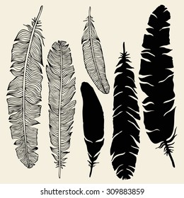Conjunto vectorial de plumas antiguas. Ilustración hecha a mano.