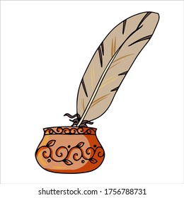 vintage feather for writing, vector illustration hand-drawn isolated on a white background