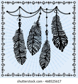 Vintage feathers ethnic pattern, tribal design, tattoo,  for fabric print, drawing on t-shirts.