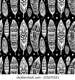 Vintage Feathers, seamless background. Hand drawn illustration.
