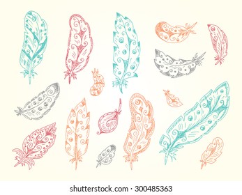 Vintage Feathers. Vector collection of Colorful Tribal Feathers. Hand Drawn Doodles illustration