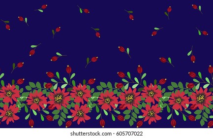 Vintage feed sack border in small folk flowers, berries. Floral sweet seamless background for textile, cotton fabric, covers, wallpapers, print, gift wrap and scrap booking. Satin print.