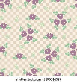 Vintage feed sack pattern in small purple flowers. Floral seamless background for textile, cotton fabric, gift wrap and scrapbooking. Modern style millefleurs. Shabby chic.