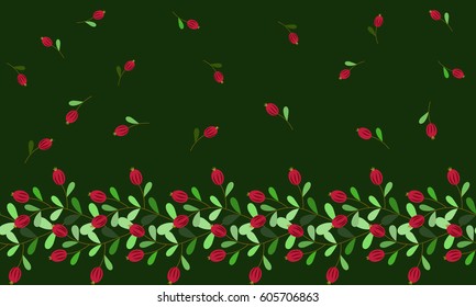 Vintage feedsack border in small folk flowers, berries. Millefleurs. Floral sweet seamless background for textile, cotton fabric, covers, wallpapers, print, gift wrap and scrapbooking. Satin print.