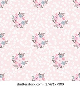 Vintage feedsack pattern in small flowers. Millefleurs. Floral sweet seamless background for textile, cotton fabric, covers, wallpapers, print, gift wrap and scrapbooking.