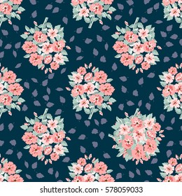 Vintage feedsack pattern in small flowers. Millefleurs. Floral sweet navy blue seamless background for textile, cotton fabric, covers, wallpapers, print, gift wrap and scrapbooking.