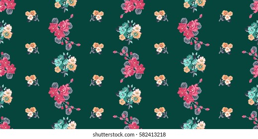 Vintage feedsack pattern in small flowers. Millefleurs. Floral sweet seamless green background for textile, cotton fabric, covers, wallpapers, print, gift wrap and scrapbooking.