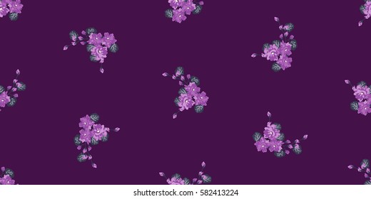 Vintage feedsack pattern in small flowers. Millefleurs. Floral sweet seamless purple background for textile, cotton fabric, covers, wallpapers, print, gift wrap and scrapbooking.
