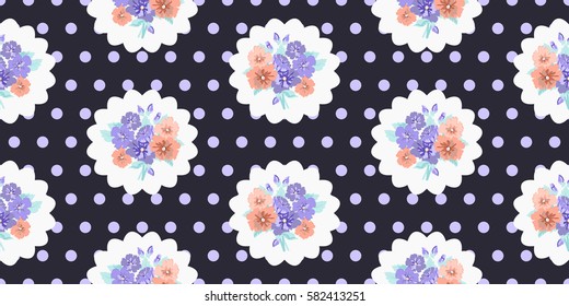 Vintage feedsack pattern in small flowers. Millefleurs. Floral sweet seamless dark dots background for textile, cotton fabric, covers, wallpapers, print, gift wrap and scrapbooking.