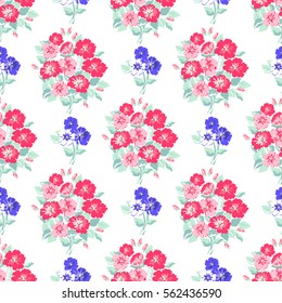 Vintage feedsack pattern in small pink and blue flowers. Millefleurs. Floral sweet seamless background for textile, cotton fabric, covers, wallpapers, print, gift wrap and scrapbooking.