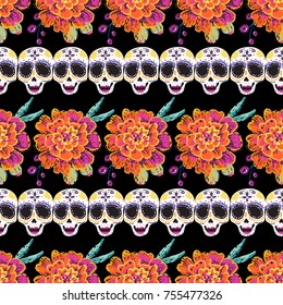Vintage female sugar skull and marigold horizontal stripes garland seamless pattern. Bright traditional illustration on black background for fabric design in watercolor style.