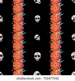 Vintage female sugar skull and marigold vertical stripes garland seamless pattern. Bright traditional illustration on black background for fabric design in watercolor style.