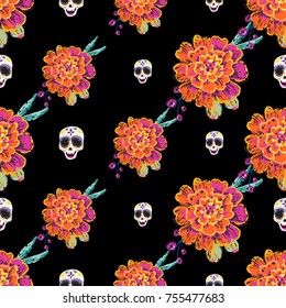 Vintage female sugar skull and marigold seamless pattern. Bright traditional illustration on black background for fabric design in watercolor style.