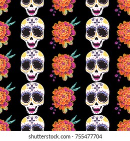 Vintage female sugar skull and marigold seamless pattern. Bright traditional illustration on black background for fabric design in watercolor style.