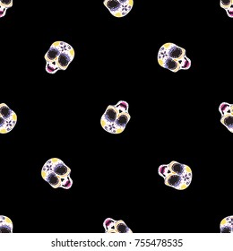 Vintage female sugar skull seamless pattern. Bright traditional illustration on black background for fabric design in watercolor style.