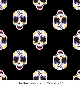 Vintage female sugar skull seamless pattern. Bright traditional illustration on black background for fabric design in watercolor style.