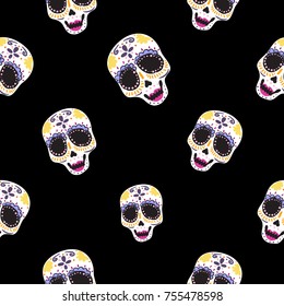 Vintage female sugar skull seamless pattern. Bright traditional illustration on black background for fabric design in watercolor style.
