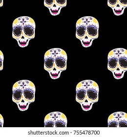 Vintage female sugar skull seamless pattern. Bright traditional illustration on black background for fabric design in watercolor style.