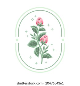 Vintage feminine logo design template in trendy minimal style. Pink peony bud, rose flowers and botanical tosca leaf branch. Emblem, symbols and icons for cosmetics, beauty and handmade products