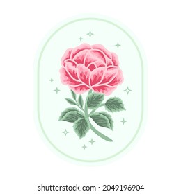 Vintage feminine logo design template in trendy minimal style. Pink peony bud, rose flowers and turquoise botanical leaf branch. Emblem, symbols and icons for cosmetics, beauty and handmade products