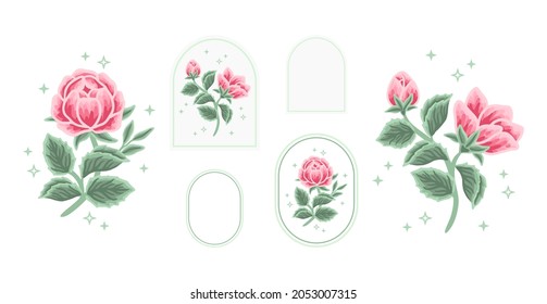 Vintage feminine logo design template in trendy minimal style. Pink peony bud, rose flowers and turquoise botanical leaf branch. Emblem, symbols and icons for cosmetics, beauty and handmade products