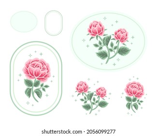 Vintage feminine logo design template in trendy minimal style. Pink peony bud, rose flowers and turquoise botanical leaf branch. Emblem, symbols and icons for cosmetics, beauty and handmade products