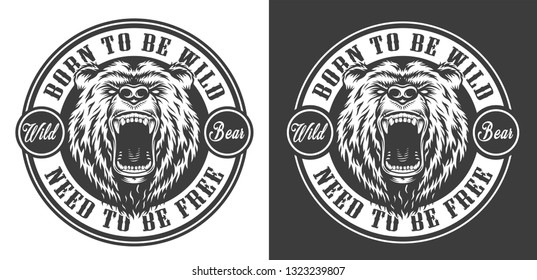 Vintage ferocious bear head round emblem in monochrome style isolated vector illustration