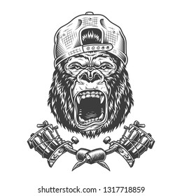 Vintage ferocious gorilla head in cap with crossed tattoo machines isolated vector illustration