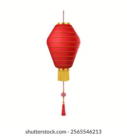 Vintage festive Asian lantern hanging realistic vector illustration. Chinese New Year atmosphere radiating red paper lamp 3d object on white