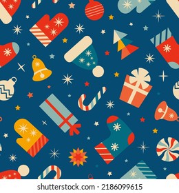 Vintage festive Christmas seamless pattern with Christmas symbols gifts, stockings, hats, mittens, snowflakes, sweets. Vector illustration 