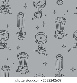 Vintage festive coquette seamless pattern, line art whimsical style. Retro holiday wrapping paper design. Glassware with ribbons, stars. Champagne, wine drinks and glasses Christmas, new year party