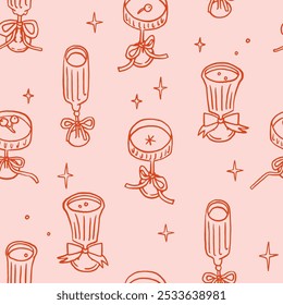 Vintage festive coquette seamless pattern, line art whimsical style. Retro holiday wrapping paper design. Glassware with ribbons, stars. Champagne, wine drinks and glasses Christmas, new year party