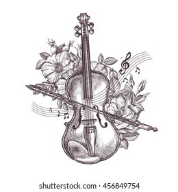 Violino vintage. desenhado à mão retro o violino e flores. Ilustração vetorial